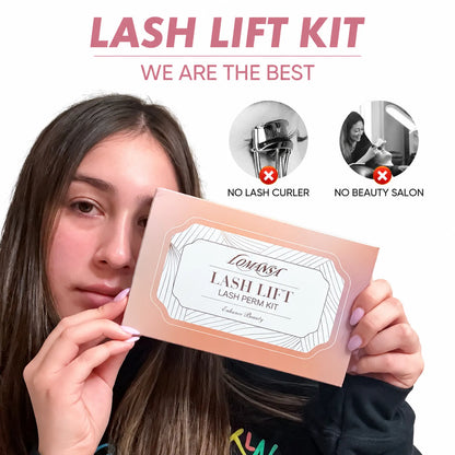 Woman holding the LOMANSA lash lift kit box for at-home eyelash lifting