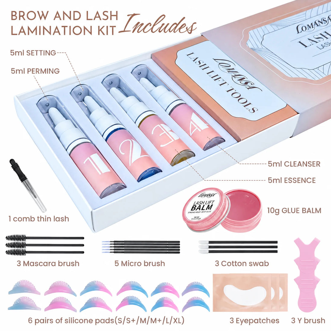 LOMANSA lash and brow lamination kit contents with solutions, glue balm, silicone pads and application tools