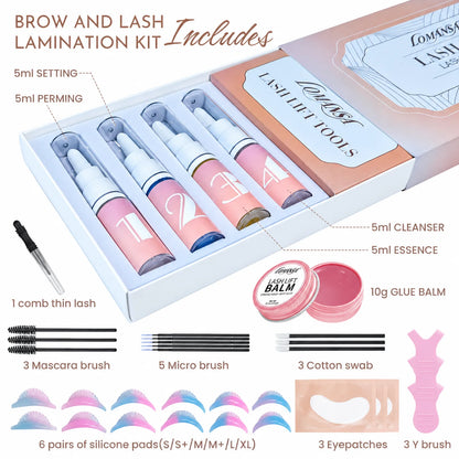 LOMANSA lash and brow lamination kit contents with solutions, glue balm, silicone pads and application tools