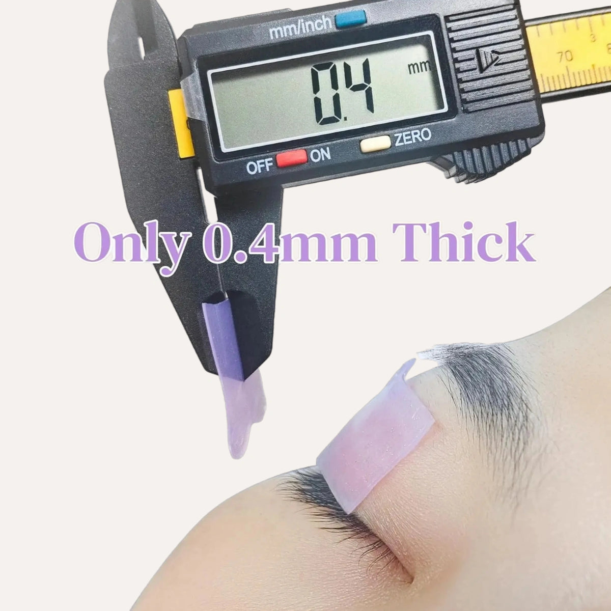 LOMANSA purple lash lift pad measured at 0.4 mm thick with a digital caliper and shown on an eyelid.