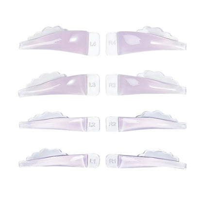 Eight lavender lash lift pads arranged in four left-right pairs, labeled L1-L4 and R1-R4, on a white background.