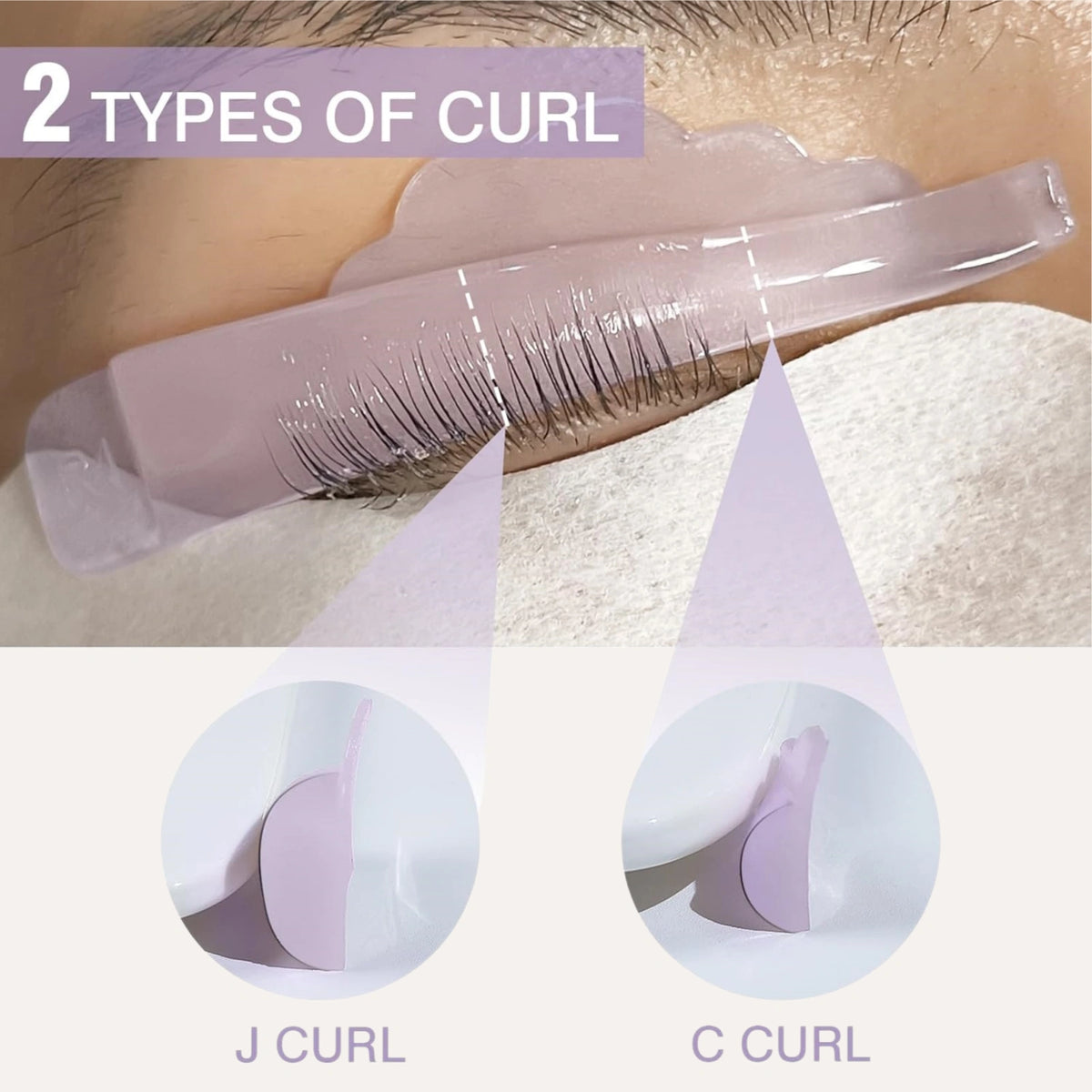 Lavender lash lift pad in use, with J-curl and C-curl side profiles compared below.