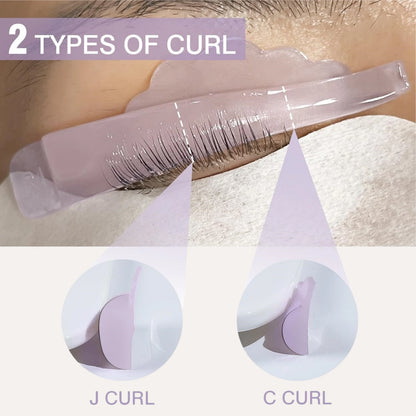 Lavender lash lift pad in use, with J-curl and C-curl side profiles compared below.