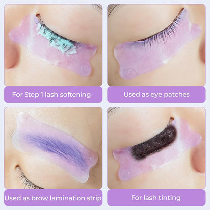 LOMANSA purple lash lift pads shown for lash softening, under-eye protection, brow lamination and lash tinting.