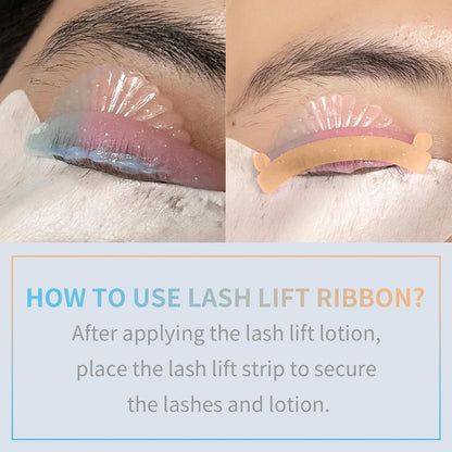 LOMANSA lash lift ribbon guide showing an orange strip placed over lashes after applying lash lift lotion.