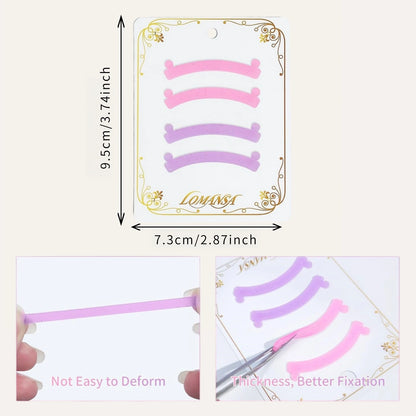 LOMANSA lash lift ribbons on a card labeled 9.5 x 7.3 cm, with close-ups of stretching and tweezer handling.