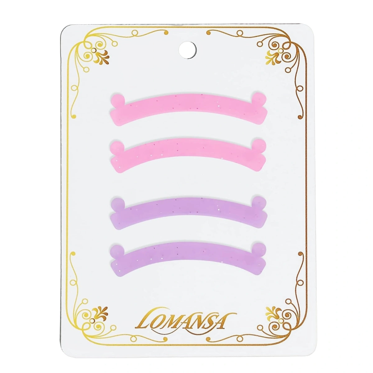 LOMANSA lash lift ribbons, two pink and two purple glitter strips on a white card with gold trim.