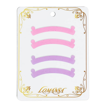 LOMANSA lash lift ribbons, two pink and two purple glitter strips on a white card with gold trim.