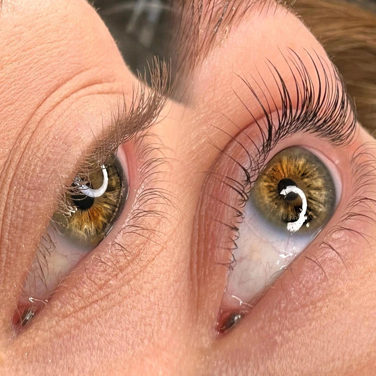Close-up comparison of natural lashes and lifted curled lashes using LOMANSA lash lift shields.