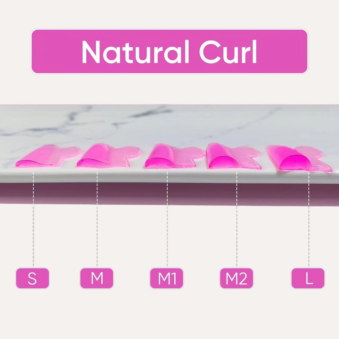 LOMANSA pink silicone lash lift shields natural curl size guide showing S, M, M1, M2 and L options.