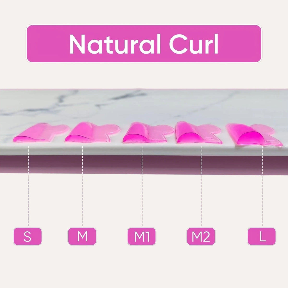 LOMANSA pink silicone lash lift shields natural curl size guide showing S, M, M1, M2 and L options.