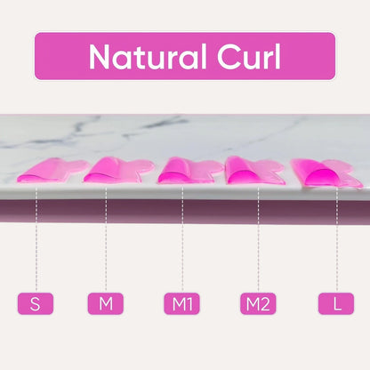 LOMANSA pink silicone lash lift shields natural curl size guide showing S, M, M1, M2 and L options.