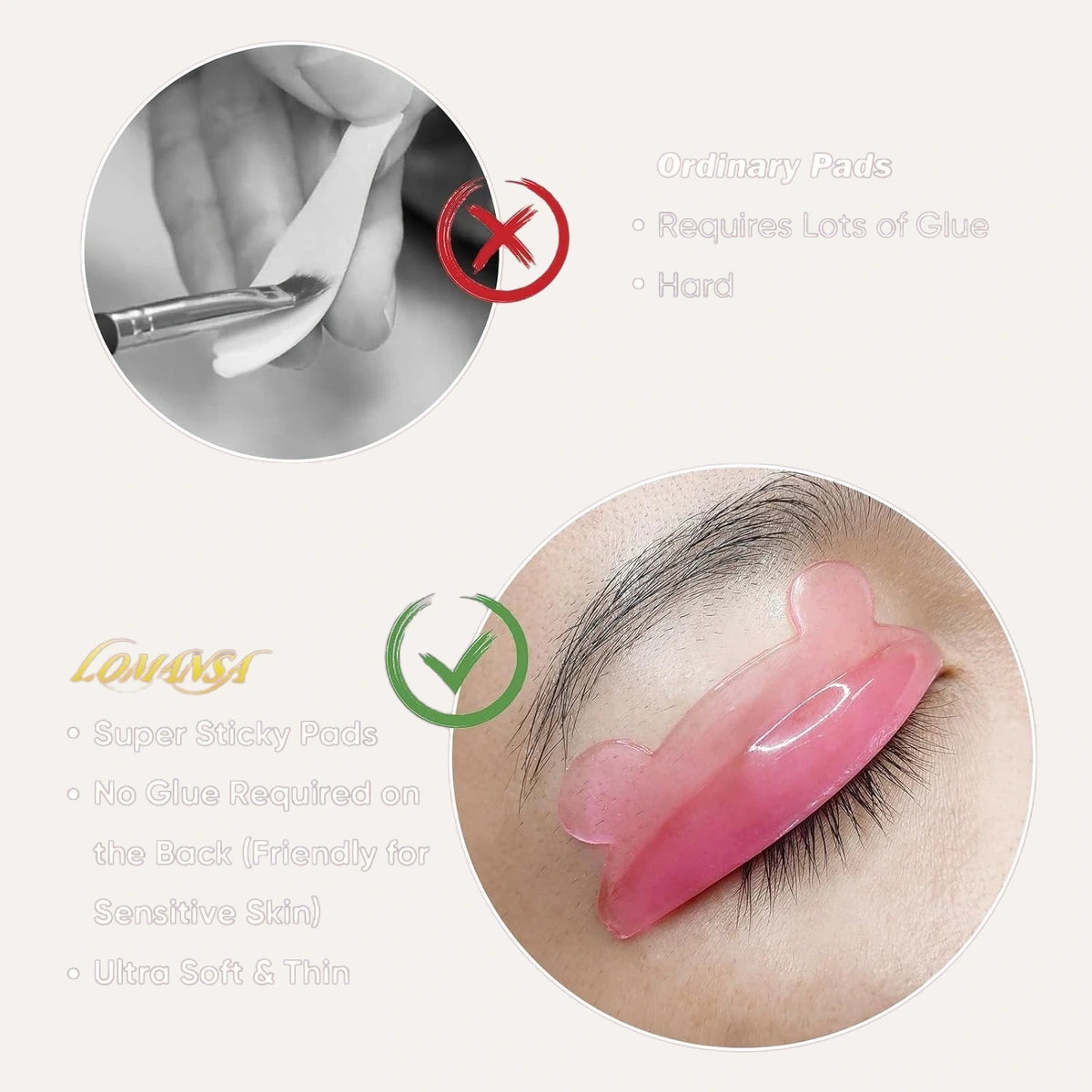 LOMANSA pink soft silicone lash lift shield on eyelid compared with a traditional lash lift pad requiring glue.