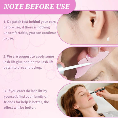 Lower lash lift instruction graphic illustrating patch testing, adhesive application, and treatment assistance.