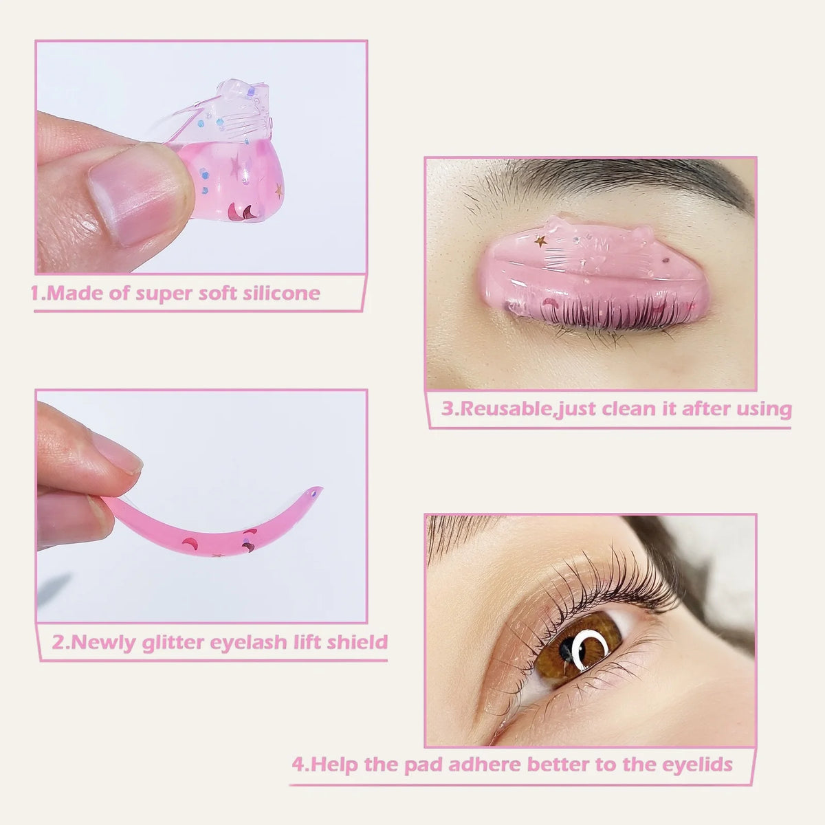 LOMANSA self-adhesive silicone lash lift pads shown in multiple sizes with soft, reusable and flexible features.