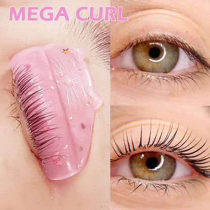 LOMANSA self-adhesive lash lift pad fitted to the eyelid, showing no glue is needed under the silicone pad.