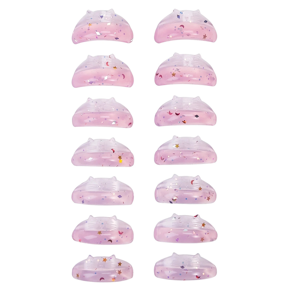 LOMANSA self-adhesive silicone lash lift pads, 7 pink glitter pairs in assorted sizes for lash lifting.