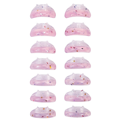 LOMANSA self-adhesive silicone lash lift pads, 7 pink glitter pairs in assorted sizes for lash lifting.