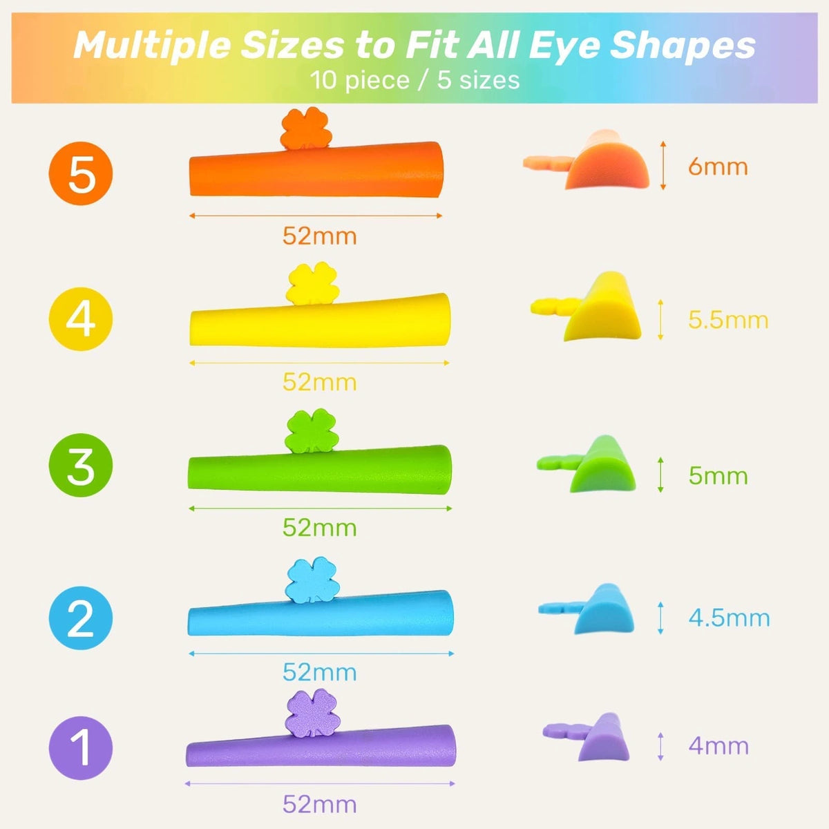 LOMANSA silicone lash lift pad size guide showing five 52 mm pads with 4 to 6 mm lift heights.