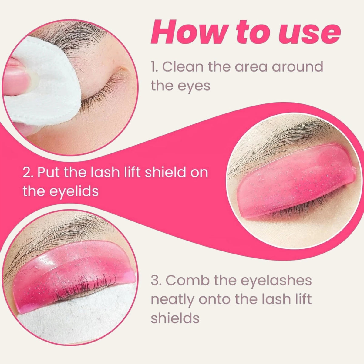 Three-step guide to using LOMANSA silicone lash lift shields: clean the eyelid, place the pink pad and align the lashes.