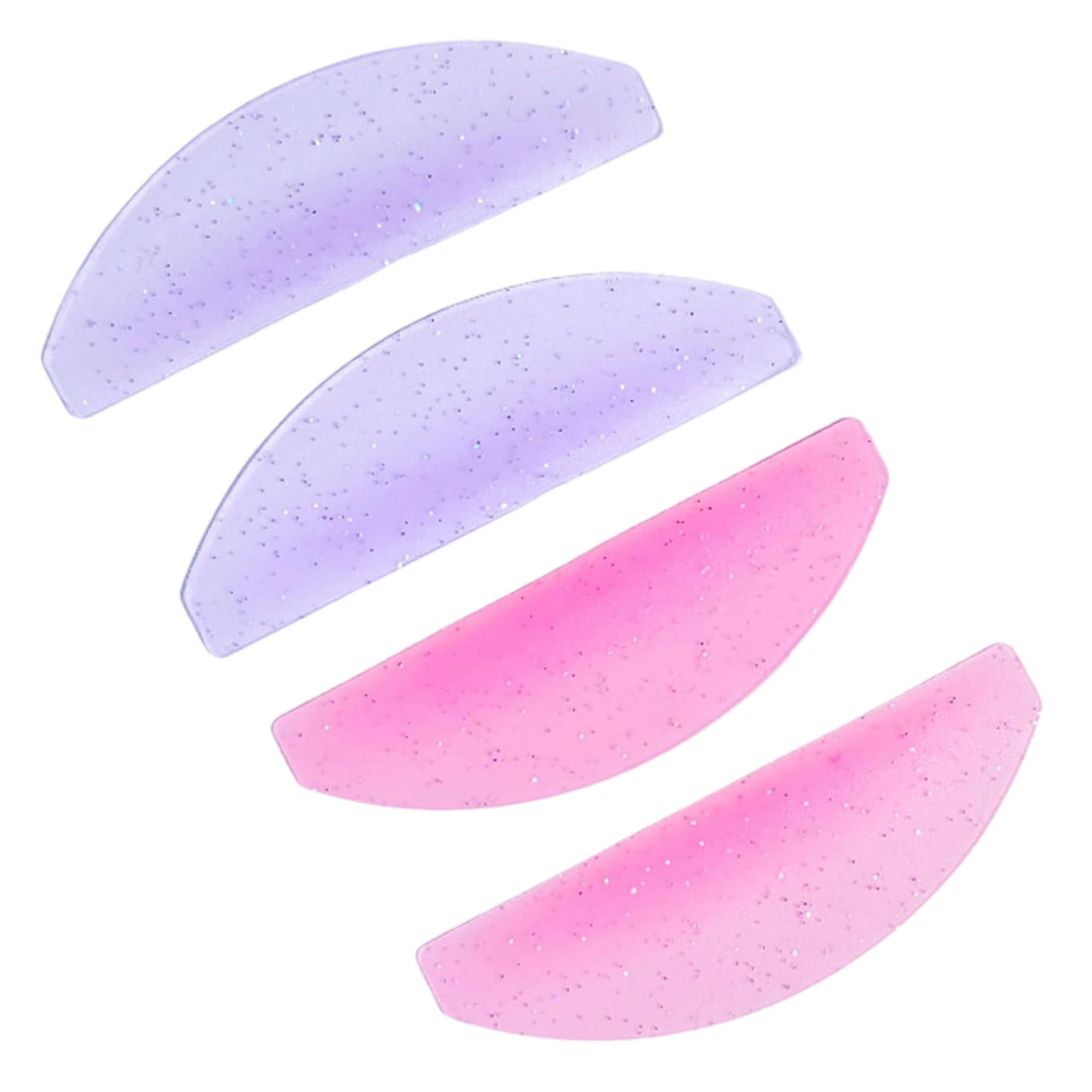 LOMANSA silicone lash lift shields in glittery purple and pink, showing four curved pads for eyelash lifting treatments.
