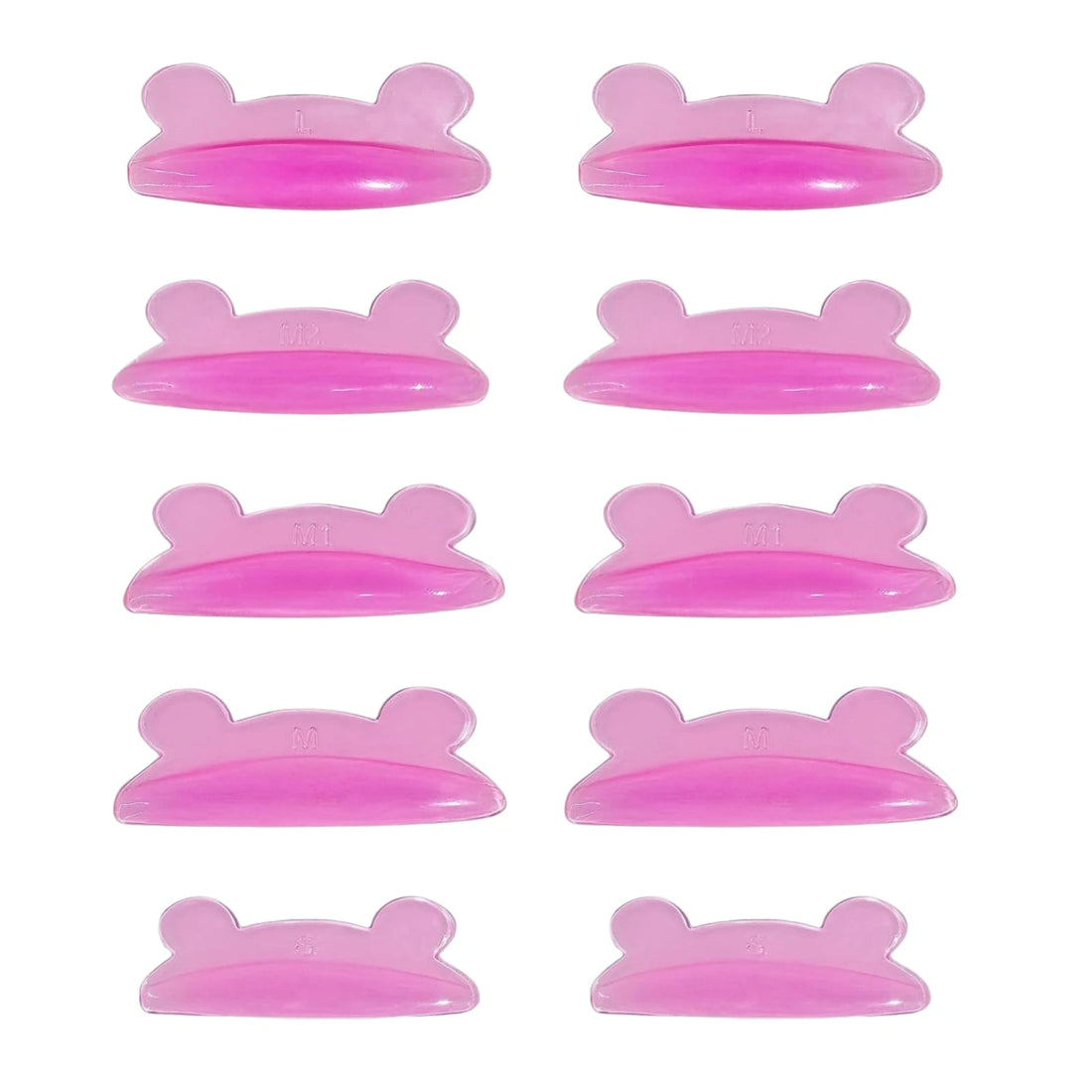 Ten pink LOMANSA silicone lash lift shields arranged in pairs with L, M2, M1, M and S size markings.