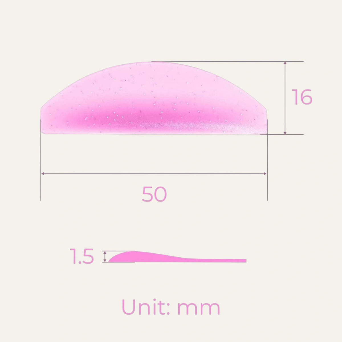 LOMANSA pink silicone lash lift shield size diagram showing 50 mm width, 16 mm height and 1.5 mm profile thickness.