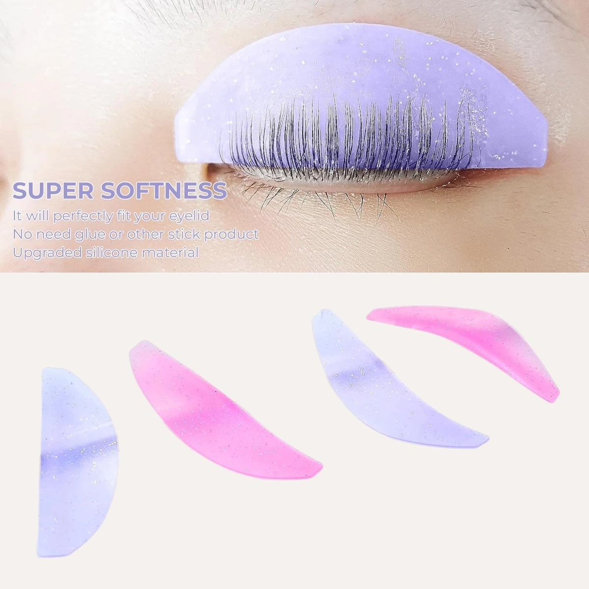 LOMANSA soft silicone lash lift shield fitted to an eyelid with lashes aligned on the pad, alongside pink and purple shields.

