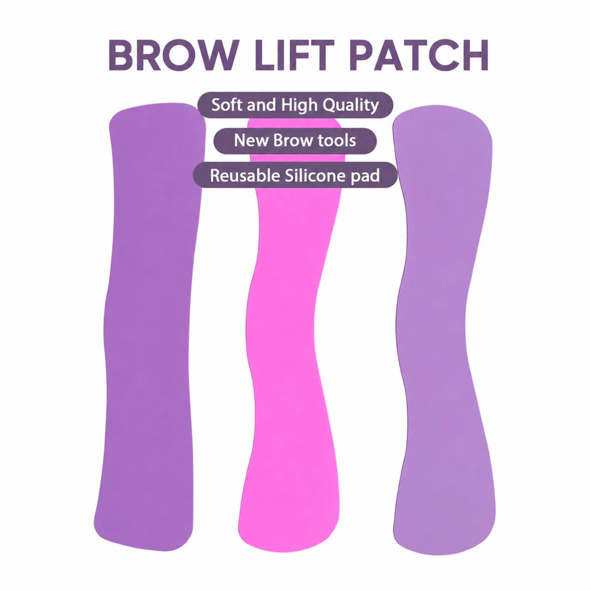 Lomansa brow lift silicone patch feature graphic showing three pink and purple pads labeled soft and reusable.