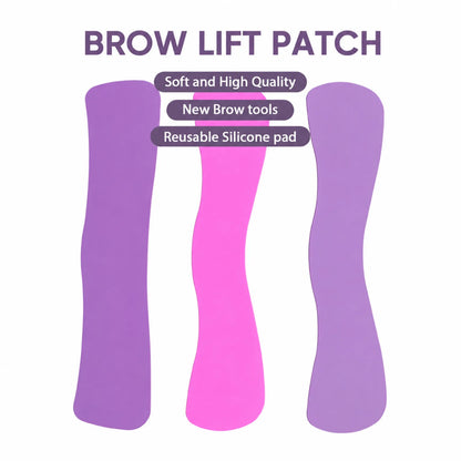 Lomansa brow lift silicone patch feature graphic showing three pink and purple pads labeled soft and reusable.