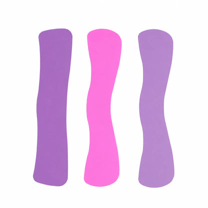 Three Lomansa brow lift silicone patches in purple, pink and lavender, displayed side by side on a white background.