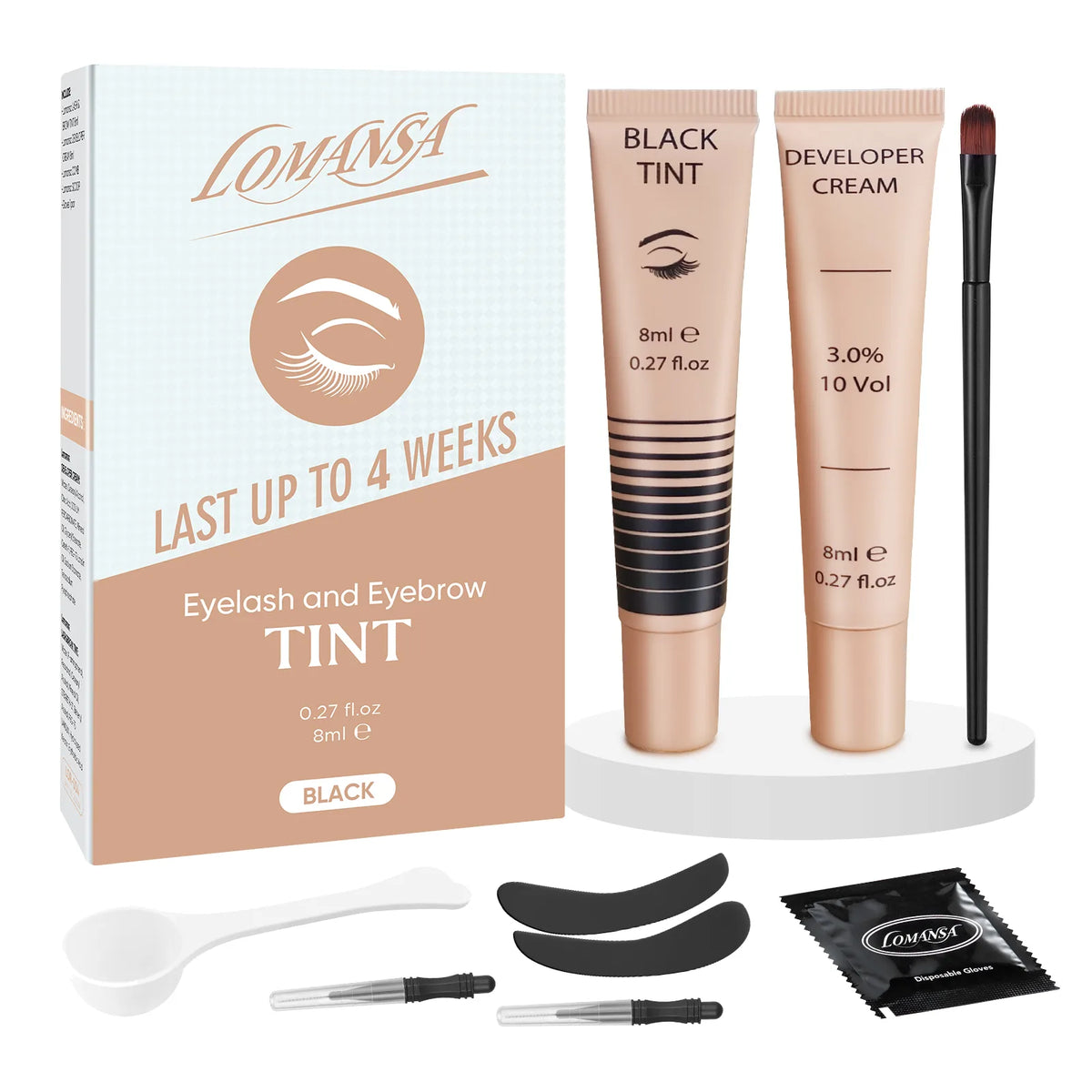 Lomansa black eyelash and eyebrow tint kit with 8 ml tint, developer cream, brush and accessories.