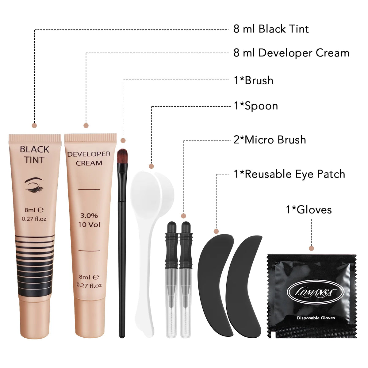 Lomansa black lash and brow tint kit: 8 ml tint, 8 ml developer, brush, spoon, micro brushes, eye patches and gloves.