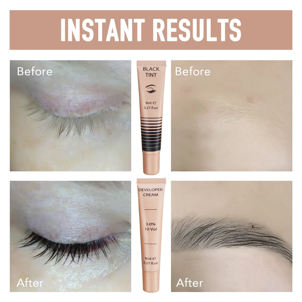 Before and after photos of eyelashes and eyebrows showing darker-looking results with Lomansa black tint.