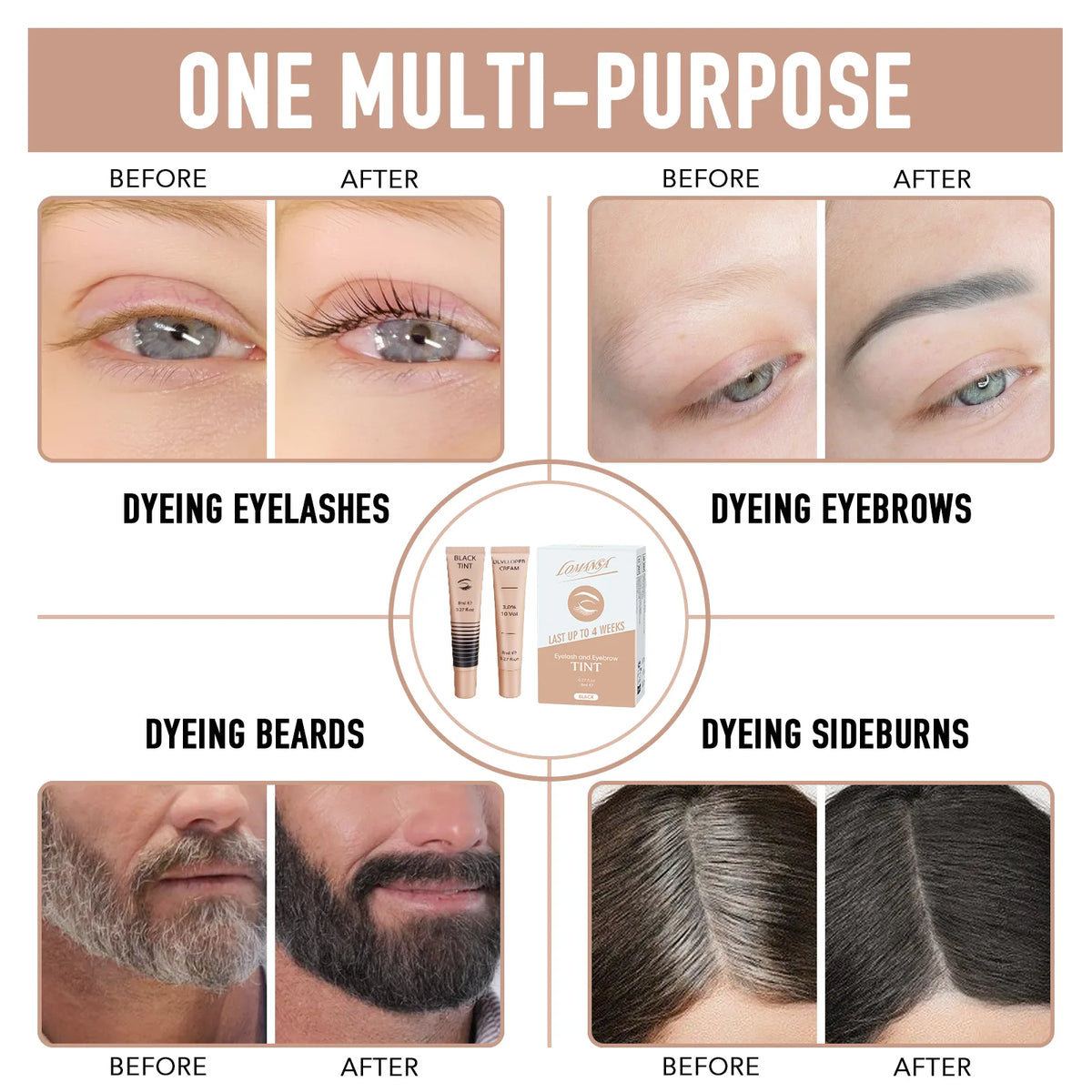 Before and after comparisons of Lomansa black tint used on eyelashes, eyebrows, beard and sideburns.
