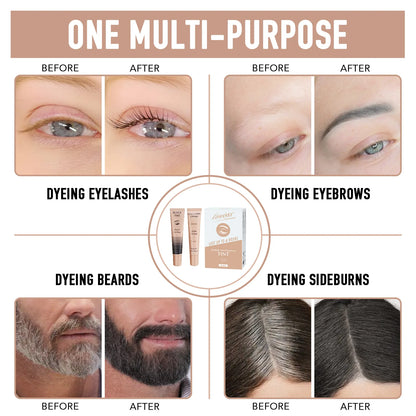 Before and after comparisons of Lomansa black tint used on eyelashes, eyebrows, beard and sideburns.
