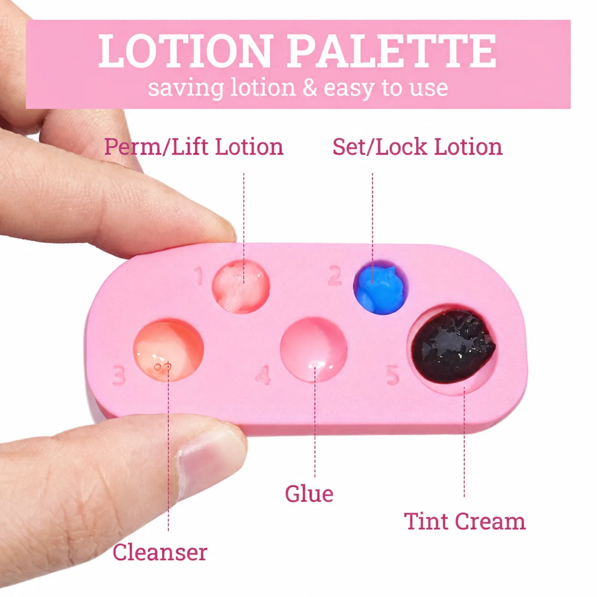 Lomansa pink lash lift palette labeled for perm lotion, setting lotion, cleanser, glue and tint cream.