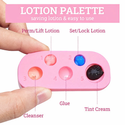 Lomansa pink lash lift palette labeled for perm lotion, setting lotion, cleanser, glue and tint cream.