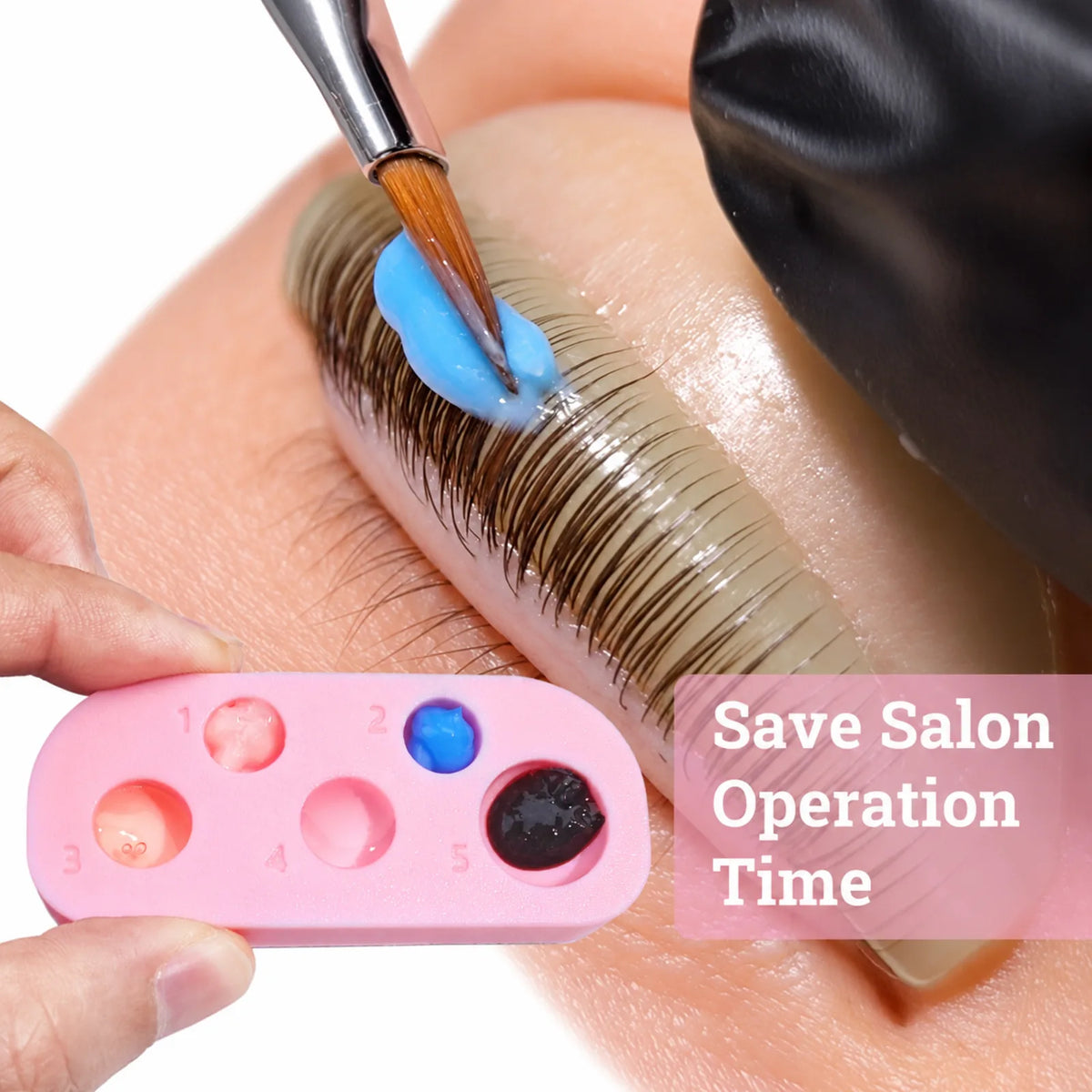 Lomansa pink five-well lash lift palette shown with a brush applying blue lotion to lashes during a lash lift.