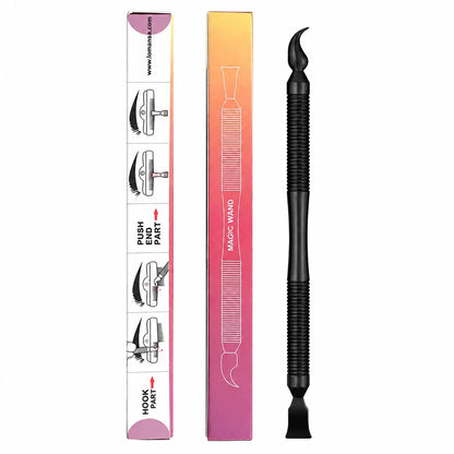 Lomansa black dual-ended lash lift magic wand with curved hook and flat tip shown beside its product packaging.