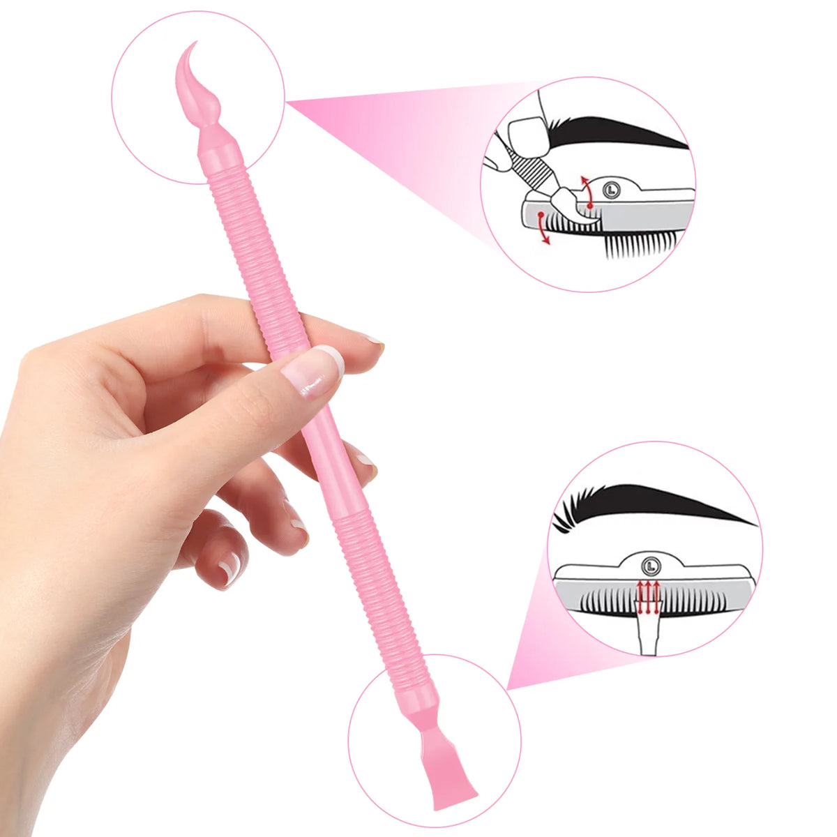 Lomansa pink dual-ended lash lift magic wand with a curved hook and flat tip, shown with application diagrams.