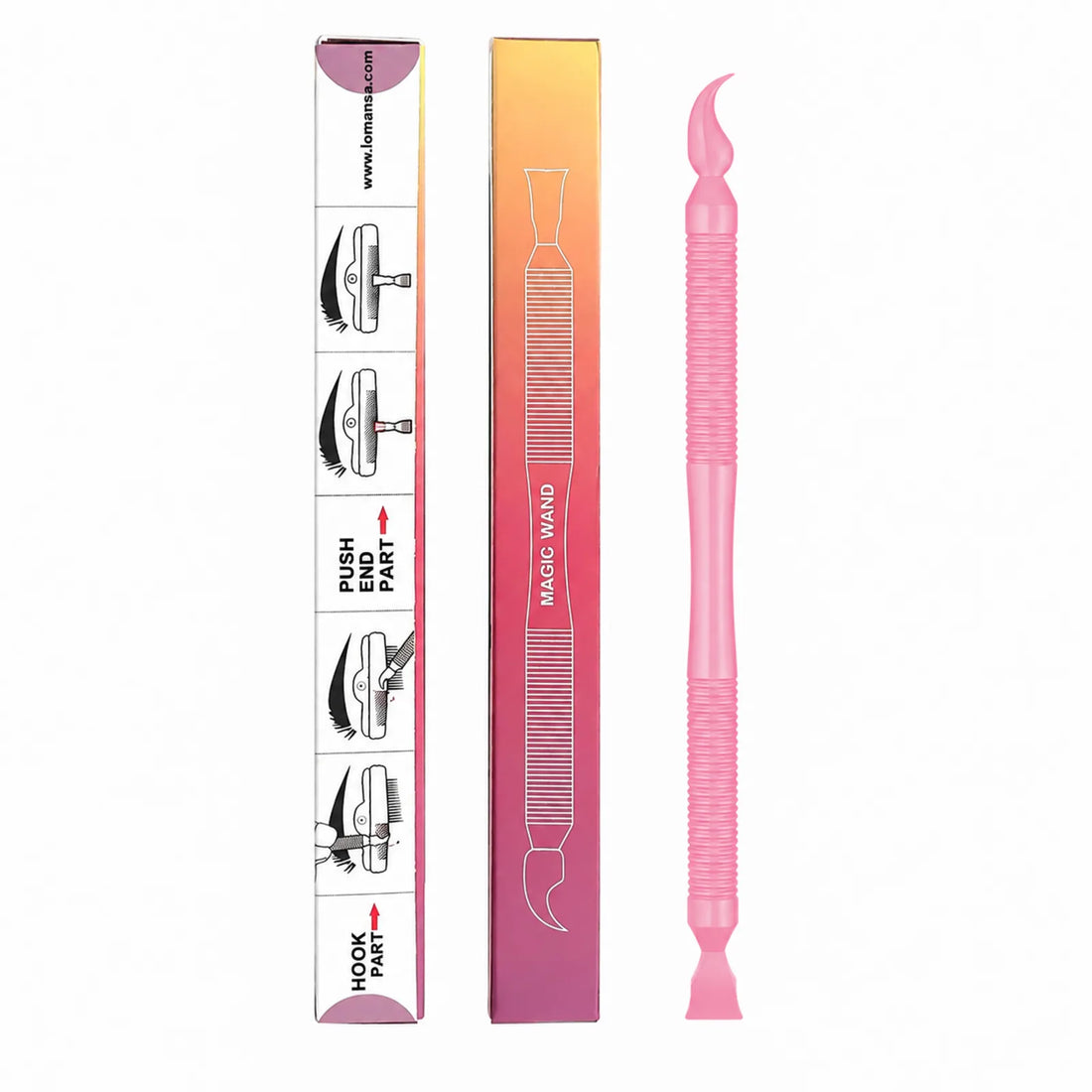 Lomansa pink dual-ended lash lift magic wand shown from both sides beside its instruction and product boxes.