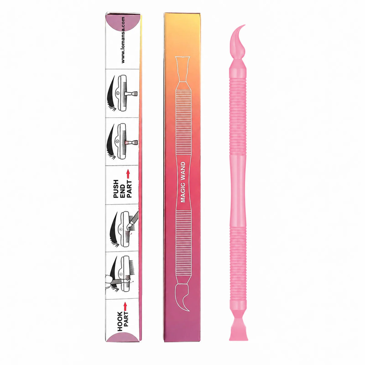 Lomansa pink dual-ended lash lift magic wand shown from both sides beside its instruction and product boxes.