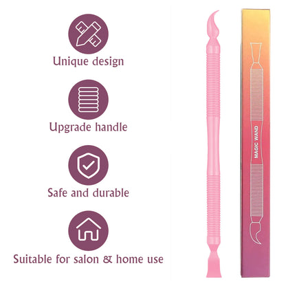 Lomansa pink lash lift magic wand with ribbed grips, curved hook and flat tip beside its product packaging.