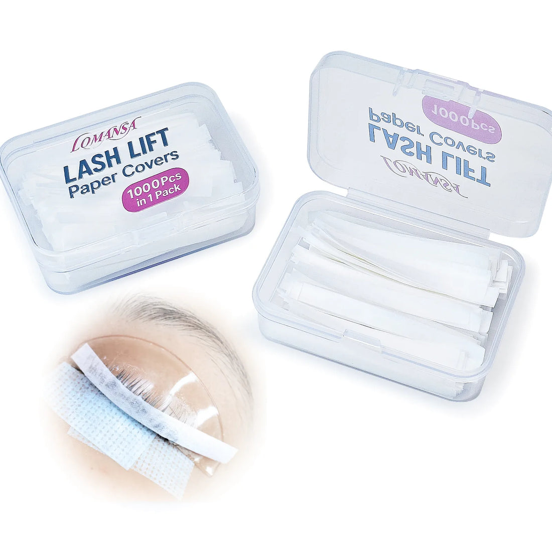 Lomansa lash lift paper covers, 1000 white strips in clear storage boxes, with a lash lift application example.
