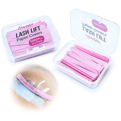 Lomansa pink lash lift paper covers, 1000 strips in clear storage boxes, with an eyelash application example.