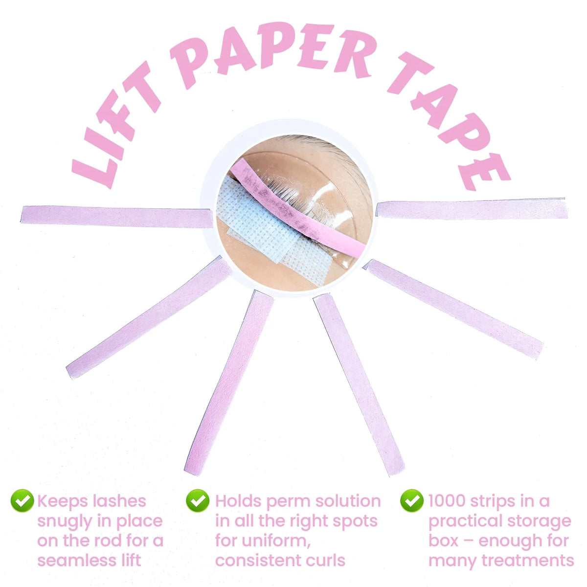 Lomansa pink lash lift paper strips infographic showing lash positioning benefits and a 1000-piece pack.