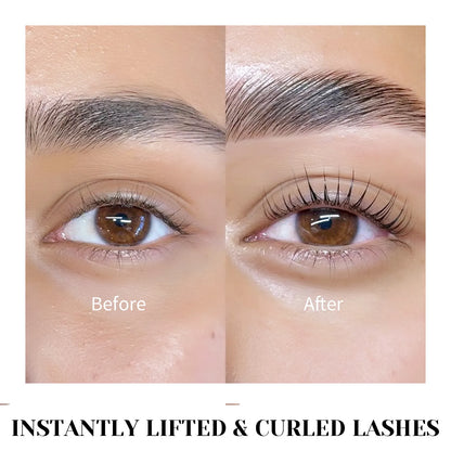 Before-and-after lash lift comparison showing natural eyelashes beside more lifted and curled lashes after treatment.