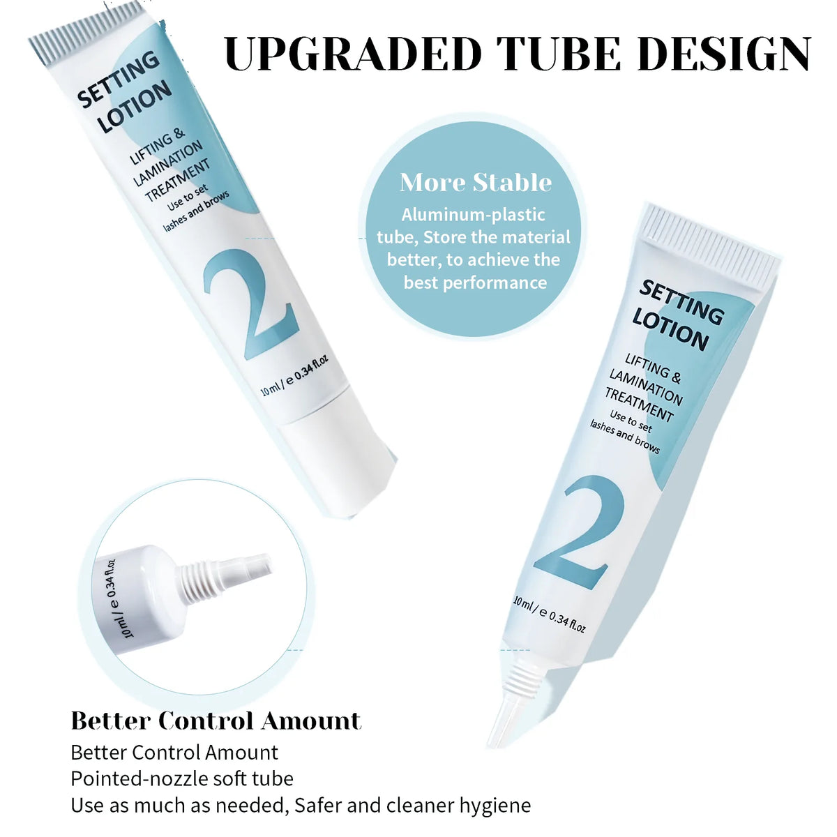 Lomansa Step 2 setting lotion infographic highlighting the 10 ml tube, pointed nozzle and controlled dispensing.