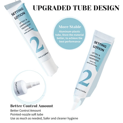 Lomansa Step 2 setting lotion infographic highlighting the 10 ml tube, pointed nozzle and controlled dispensing.